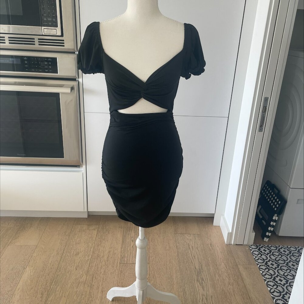 Black Cutout Ruched Mini Dress – Puff Sleeve Bodycon, Size S